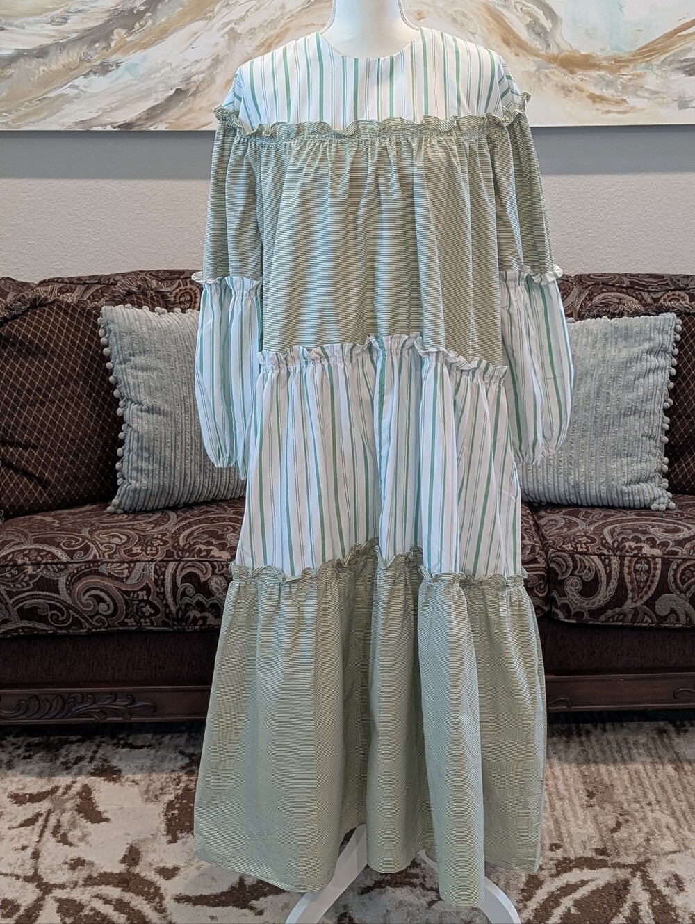 Sage Green Tiered Long Sleeve Maxi Boutique Dress with Stripe Panels